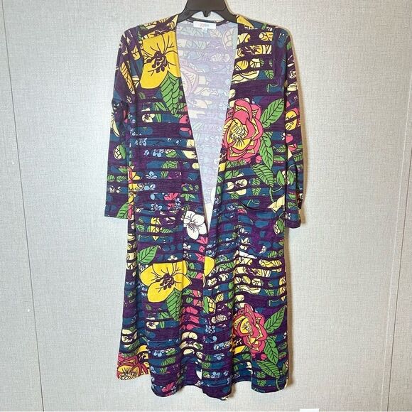 Lularoe Bright Floral Duster Jacket Maxi Cardigan Purple Blue Yellow Pockets M - Picture 2 of 5